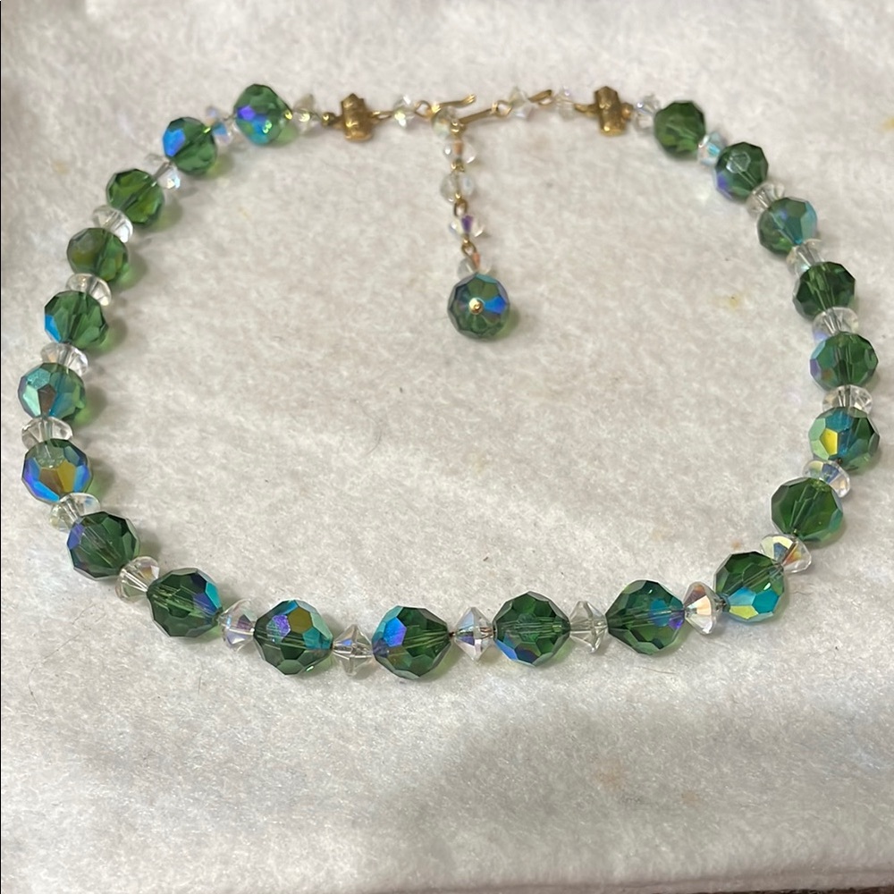 Emerald Green Blue Crystal Glass Choker Necklace Rare Vintage 50’s 💚